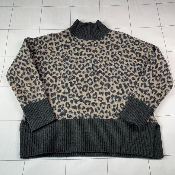 Marled Sweater Womens Medium Mock Turtleneck Leopard Animal Print Gray Cozy - Picture 1 of 7
